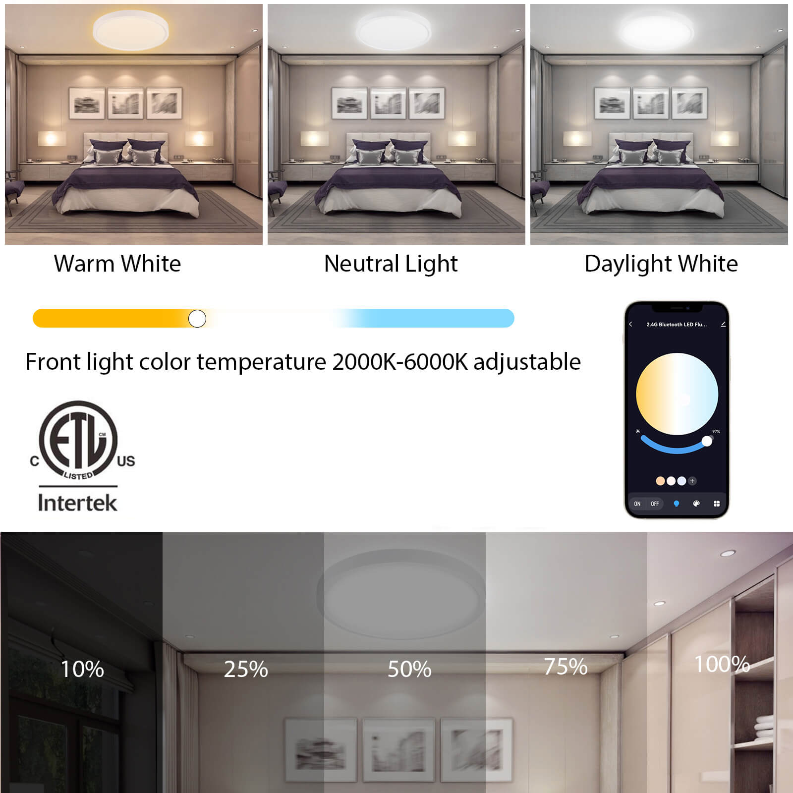 12-Zoll-2,4-G-Smart-Fernbedienungs- und Bluetooth-LED-Einbaupanel mit 24 W und 3000 lm ETL Energy Star-gelistete Deckenleuchte für den Innenbereich