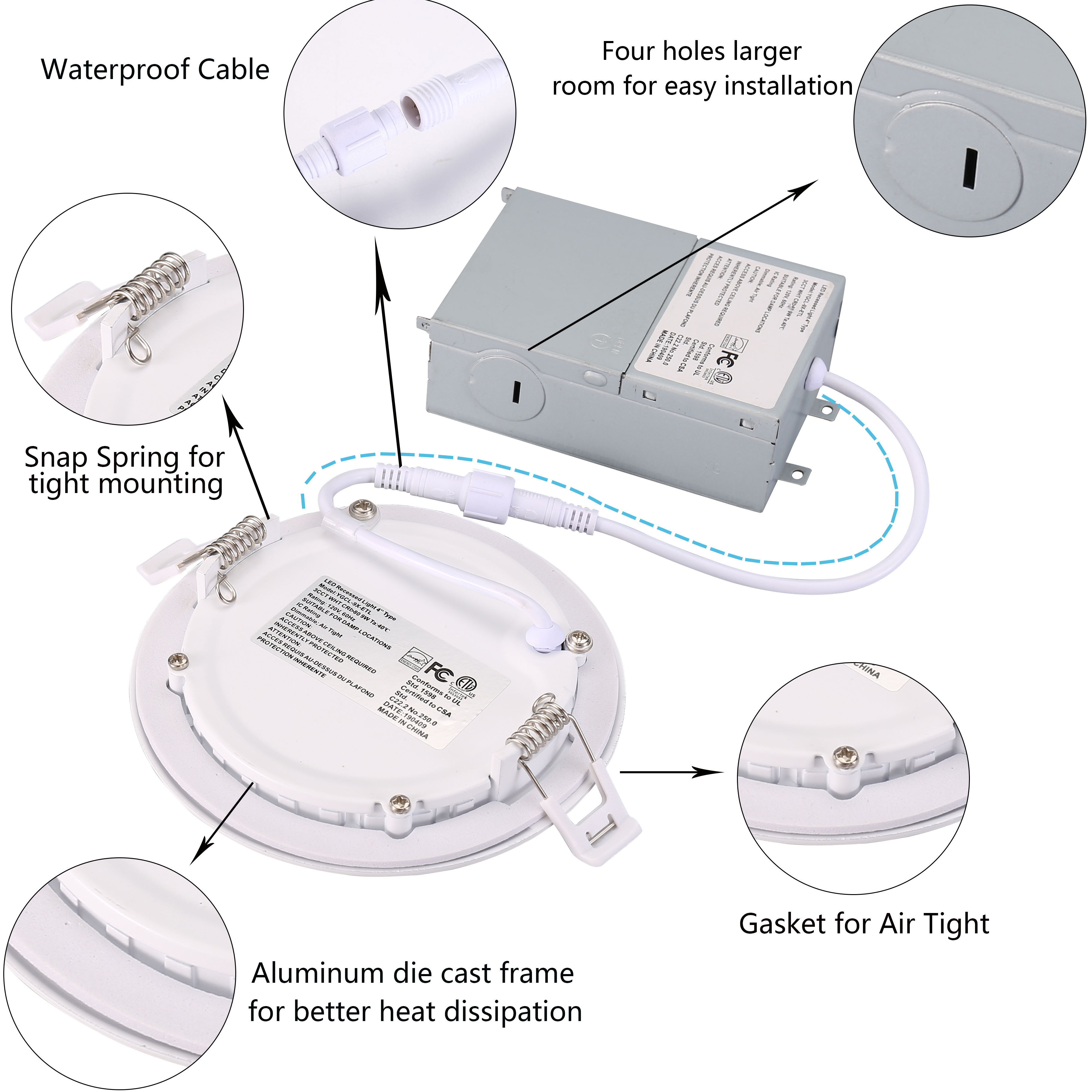 Jugendgrünes 4-Zoll-9-W-Einzelfarben-3CCT-5CCT-Einbau-Downlight mit blendfreiem, flackerfreiem, schlankem Design und ETL-Energy-Star-Zertifikat