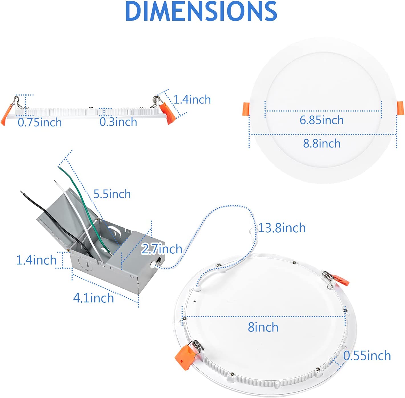 YG ETL/ES/FCC-gelistete AC120V 8 Zoll 18 Watt 3CCT LED-Einbau-Downlights mit schmalem Panel für den Innenbereich für feuchte Standorte