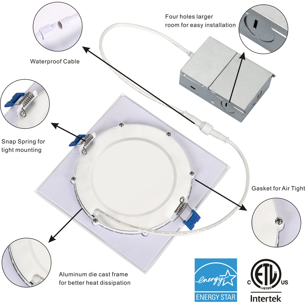 4 Zoll 6 Zoll ETL-gelistetes, quadratisches, IC-zertifiziertes, 3000 K/4000 K/5000 K/6000 K/3CCT/5CCT wählbares, dimmbares, schlankes LED-Einbau-Downlight 