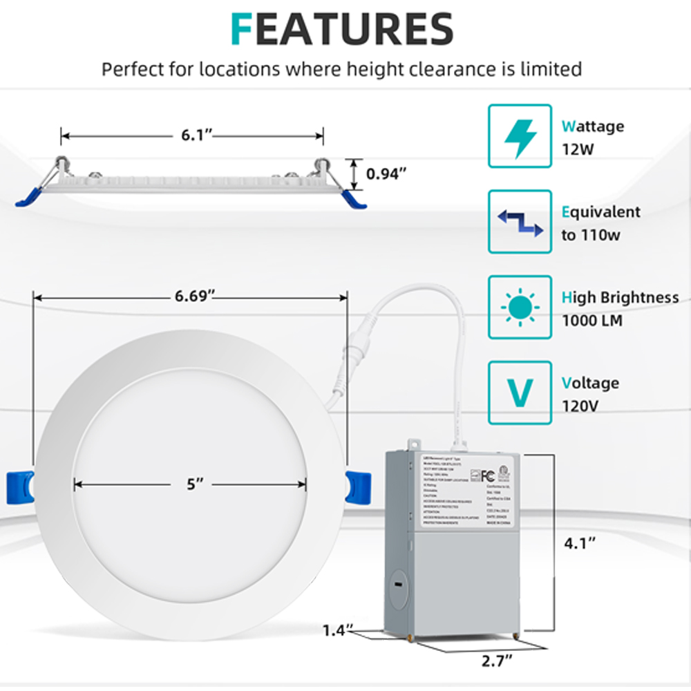 ETL Energy Star gelistet, 1300 lm, schlankes Panel, 6 Zoll, 12 Watt, 3CCT, LED-Einbau-Downlights